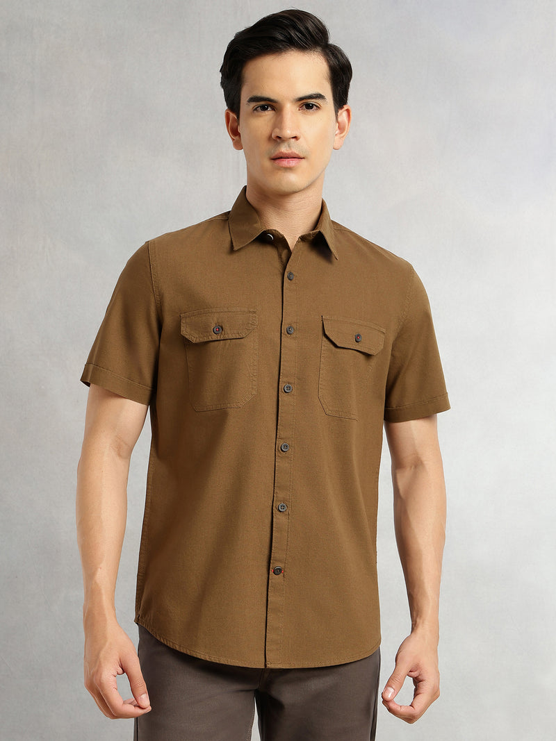 Thomas Scott Men Brown Men Cricket Club Collection Premium Slim Fit Casual Shirt-Dual Flap Pockets With Short Sleeves