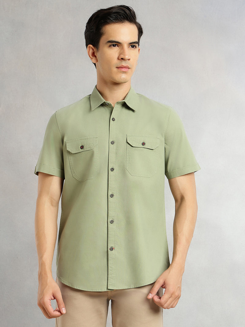 Thomas Scott Men Light Olive Men Cricket Club Collection Premium Slim Fit Casual Shirt-Dual Flap Pockets With Short Sleeves