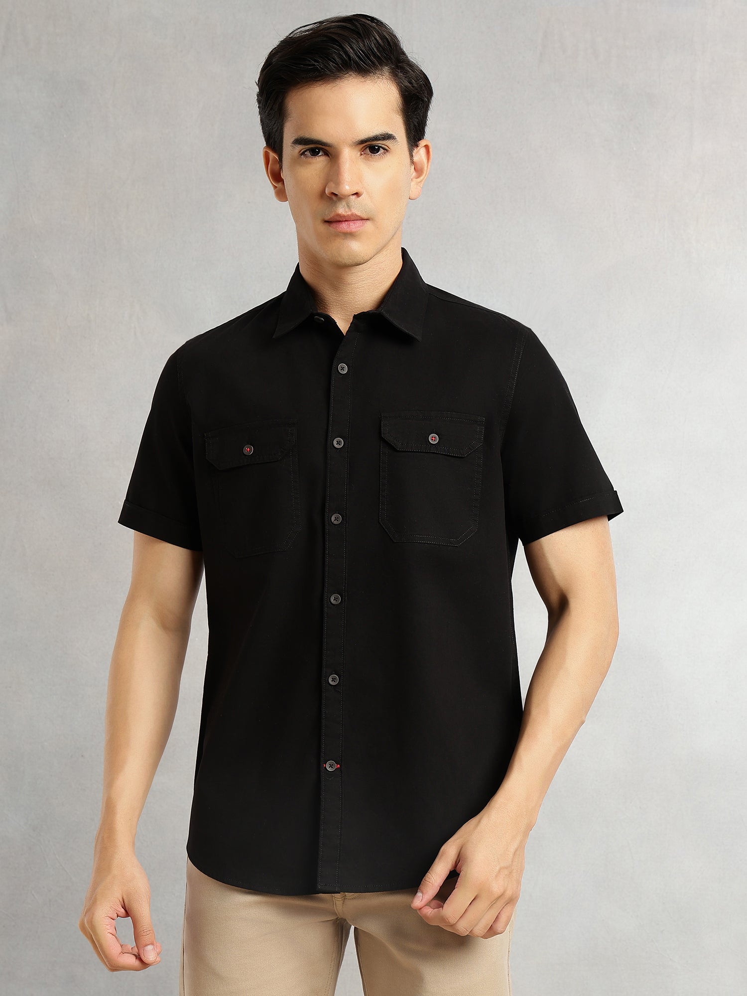 Thomas Scott Men Black Men Cricket Club Collection Premium Slim Fit Casual Shirt-Dual Flap Pockets With Short Sleeves