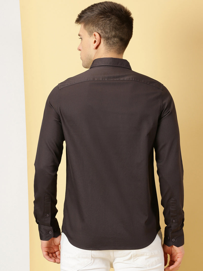 Thomas Scott Men Dark Grey Standard Slim Fit Spread Collar Long Sleeves 100% Cotton Casual Shirt