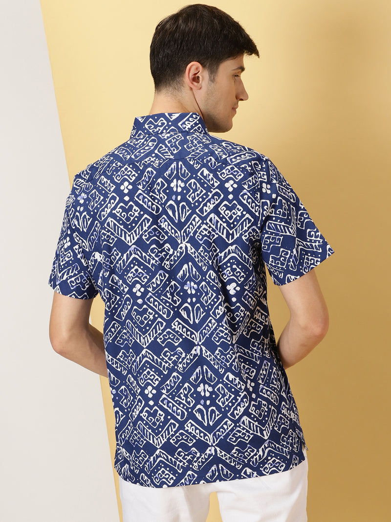 Thomas Scott Men Navy Comfort Regular Fit Short Sleeves Button-Down Collar Floral Printed Cotton Casual Shirt