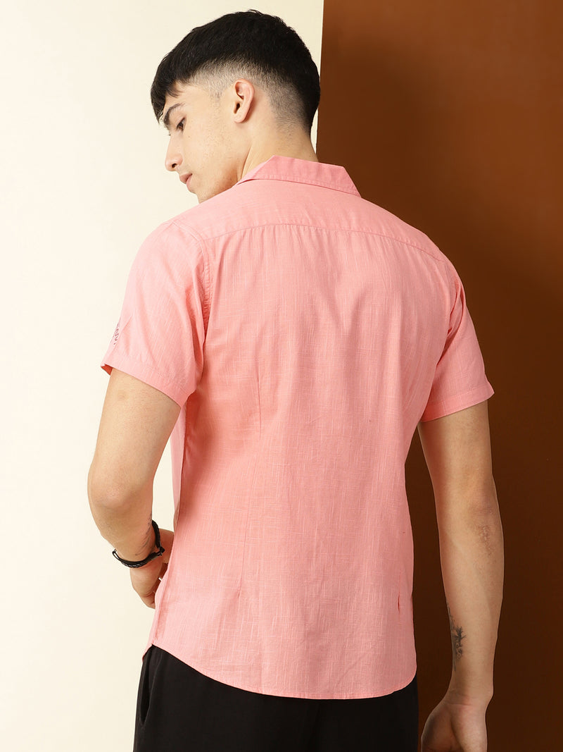 Thomas Scott Men Pink Premium Liberal Fit Short Sleeves Conversational Printed Cuban Collar Cotton Casual Shirt