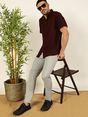 Thomas Scott Men Maroon Premium Short Sleeves Regular Fit Spread Collar Textured Casual Shirt