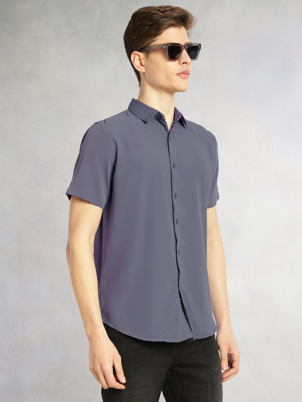 Thomas Scott Men Grey Regular Fit Short Sleeves Spread Collar Solid Polyester Casual Shirt