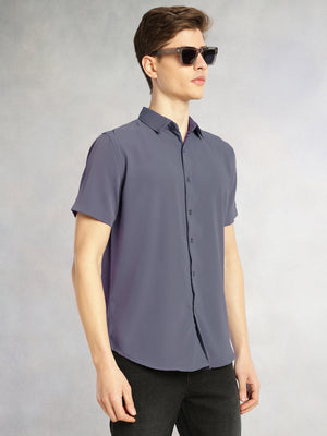 Thomas Scott Men Grey Regular Fit Short Sleeves Spread Collar Solid Polyester Casual Shirt