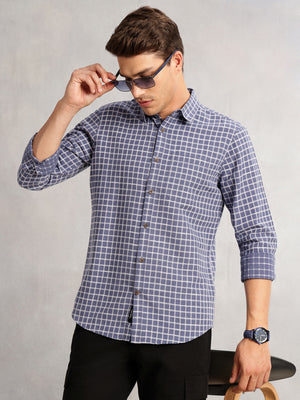 Thomas Scott Men Blue Regular Fit Long Sleeves Spread Collar Windowpane Check 100% Cotton Casual Shirt