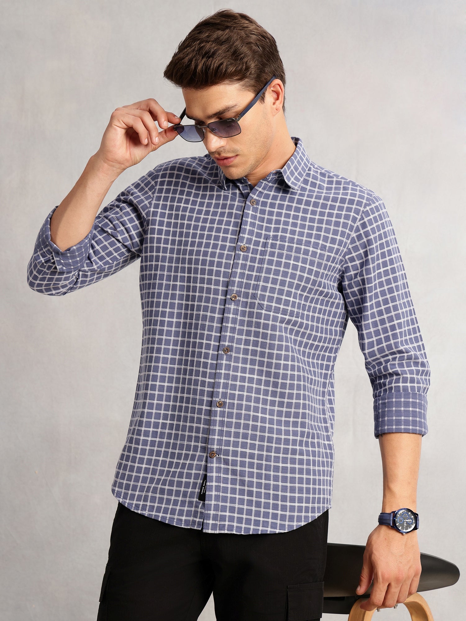 Thomas Scott Men Blue Regular Fit Long Sleeves Spread Collar Windowpane Check 100% Cotton Casual Shirt