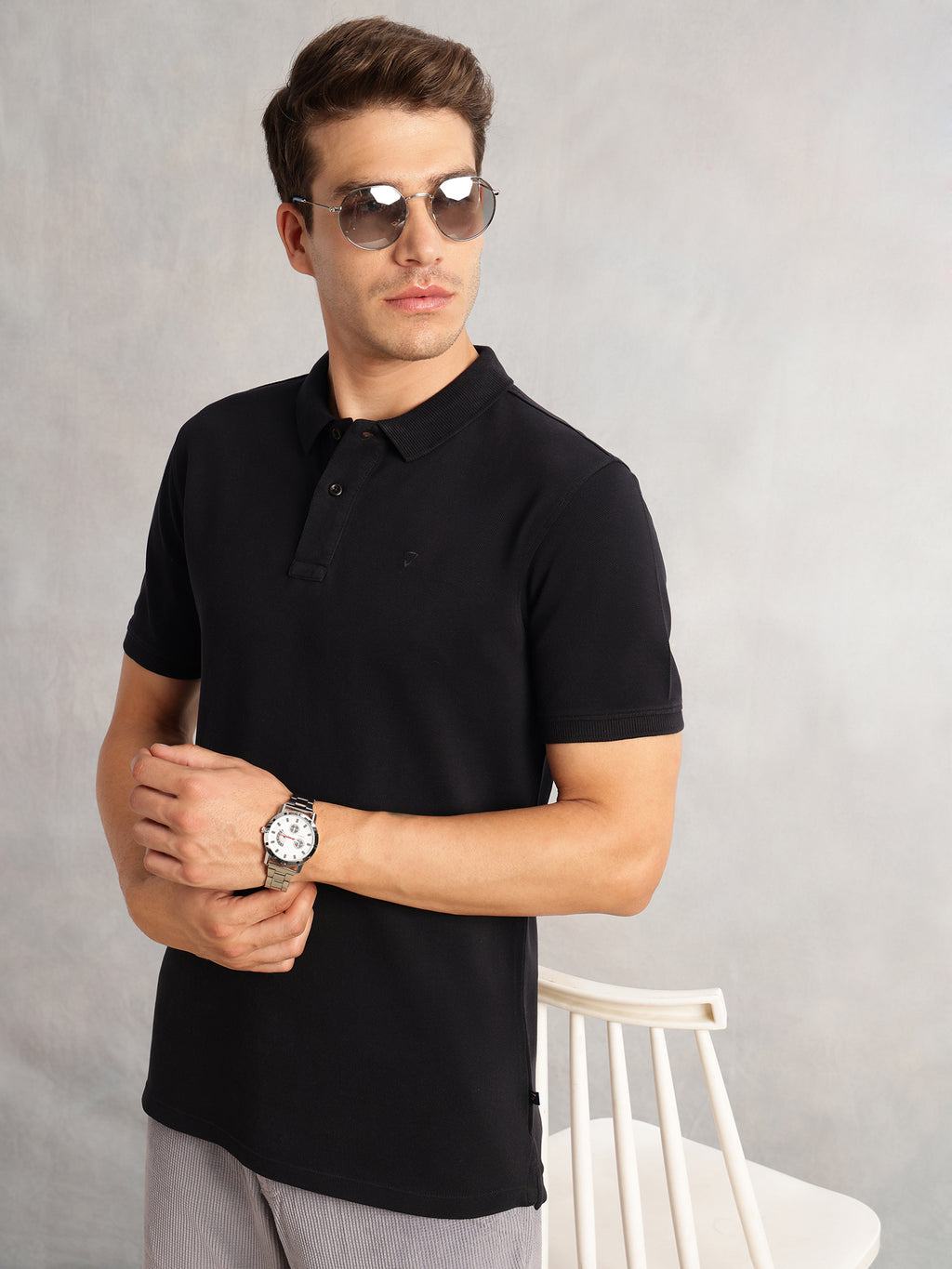 Thomas Scott Men Black Short Sleeves Regular Fit Solid 100% Cotton Polo Collar Knitted T-shirt