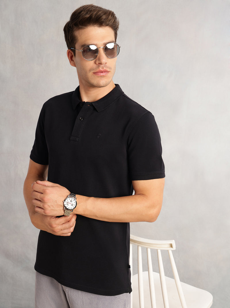 Thomas Scott Men Black Short Sleeves Regular Fit Solid 100% Cotton Polo Collar Knitted T-shirt