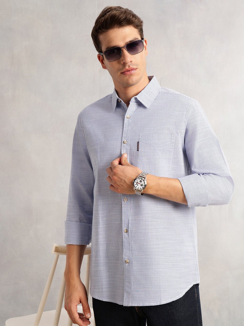 Thomas Scott Men Blue Cricket Club Collection Pinstripe Long Sleeves Regular Fit Cotton Linen Casual Shirt