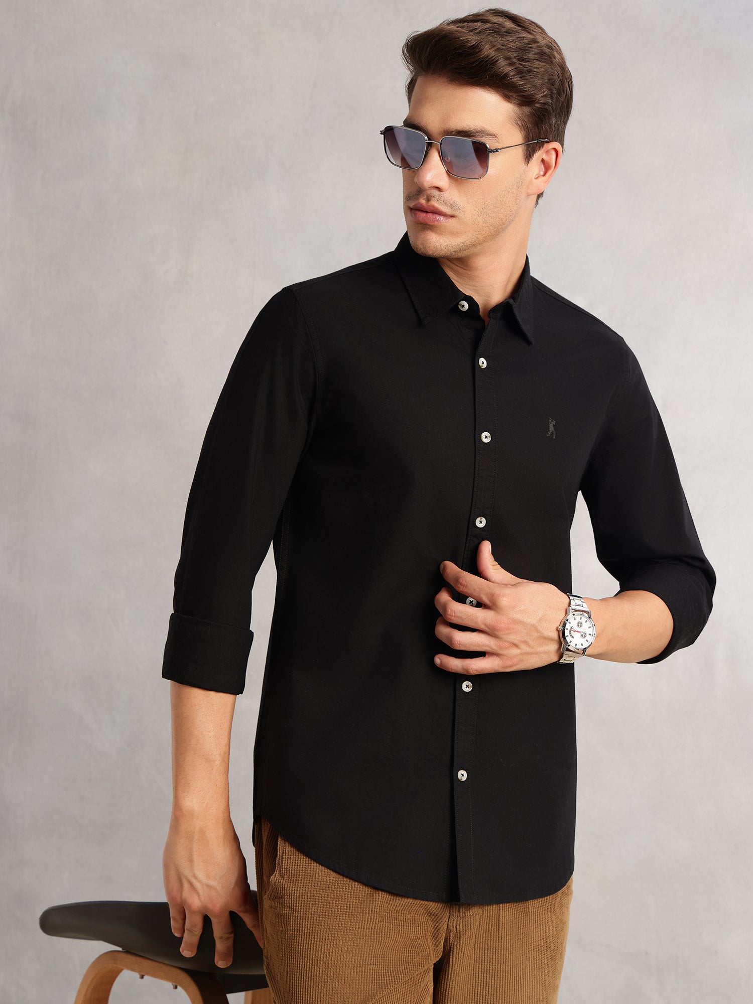Thomas Scott Men Black Cricket Club Collection Slim Fit Oxford Cotton Casual Shirt with Spread Collar & Long Sleeves