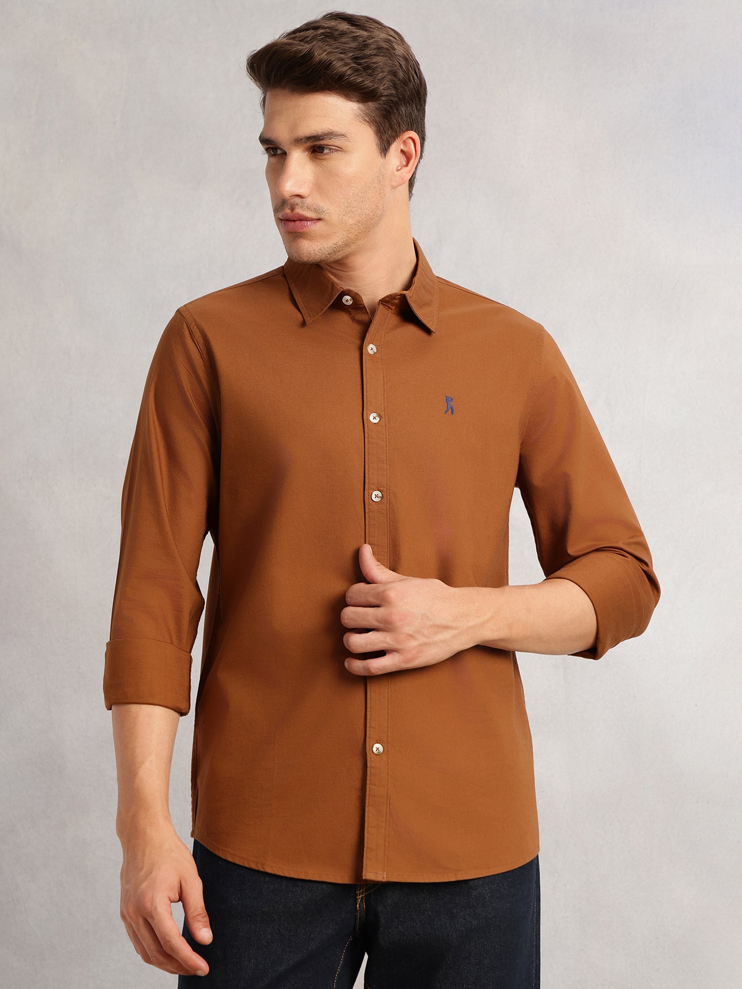 Thomas Scott Men Brown Cricket Club Collection Slim Fit Oxford Cotton Casual Shirt with Spread Collar & Long Sleeves
