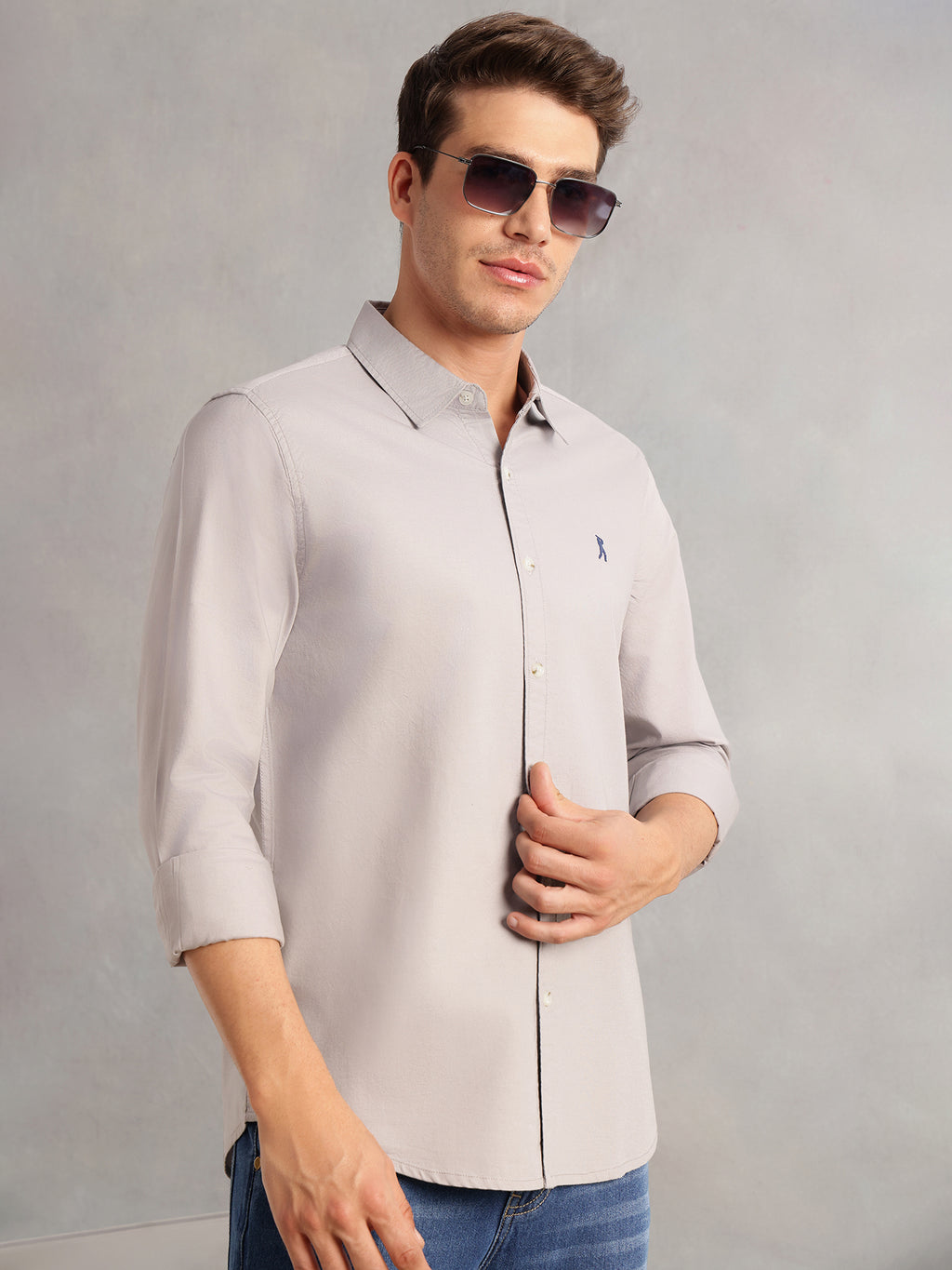 Thomas Scott Men Grey Cricket Club Collection Slim Fit Oxford Cotton Casual Shirt with Spread Collar & Long Sleeves