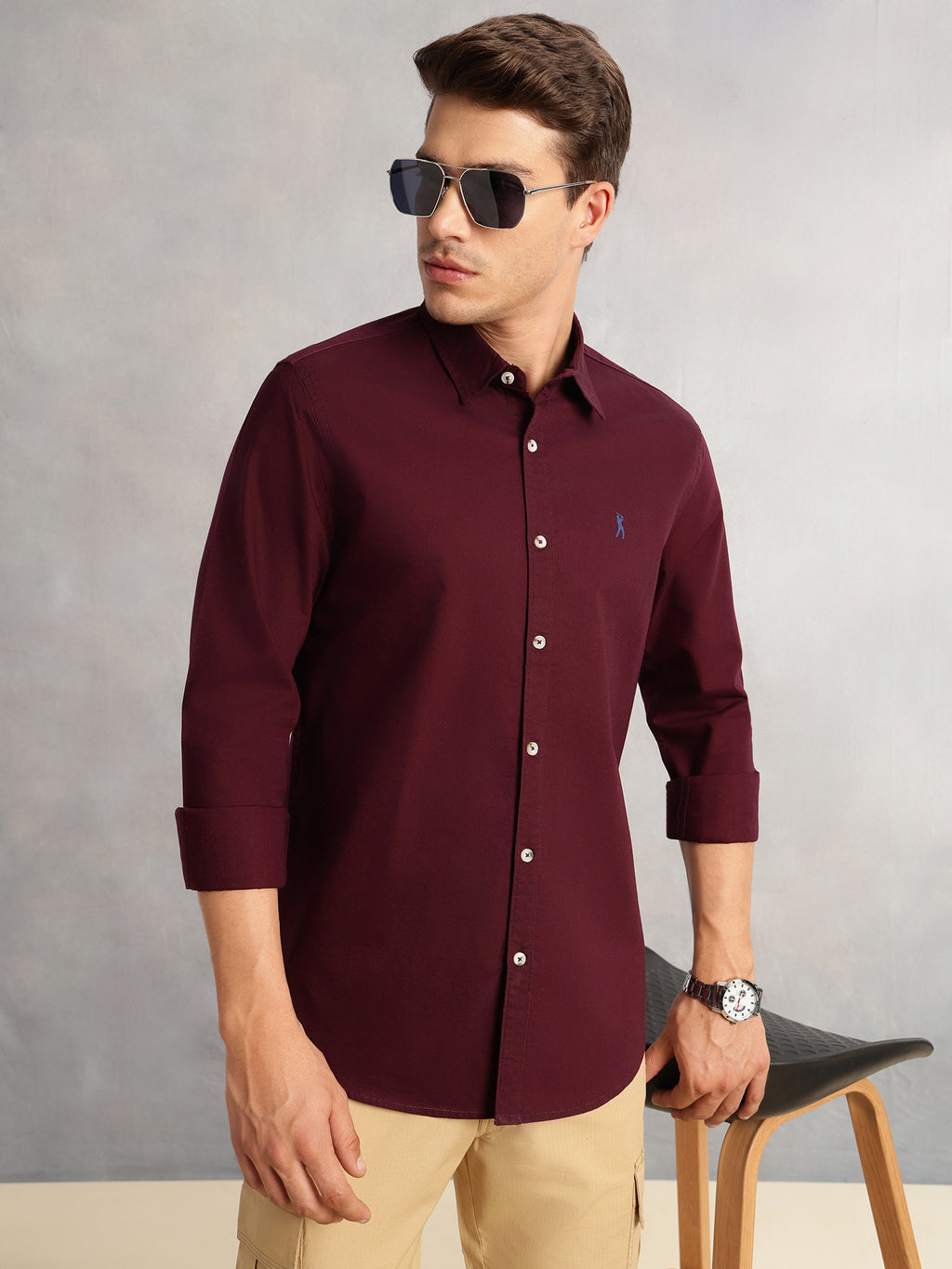 Thomas Scott Men Maroon Cricket Club Collection Slim Fit Oxford Cotton Casual Shirt with Spread Collar & Long Sleeves