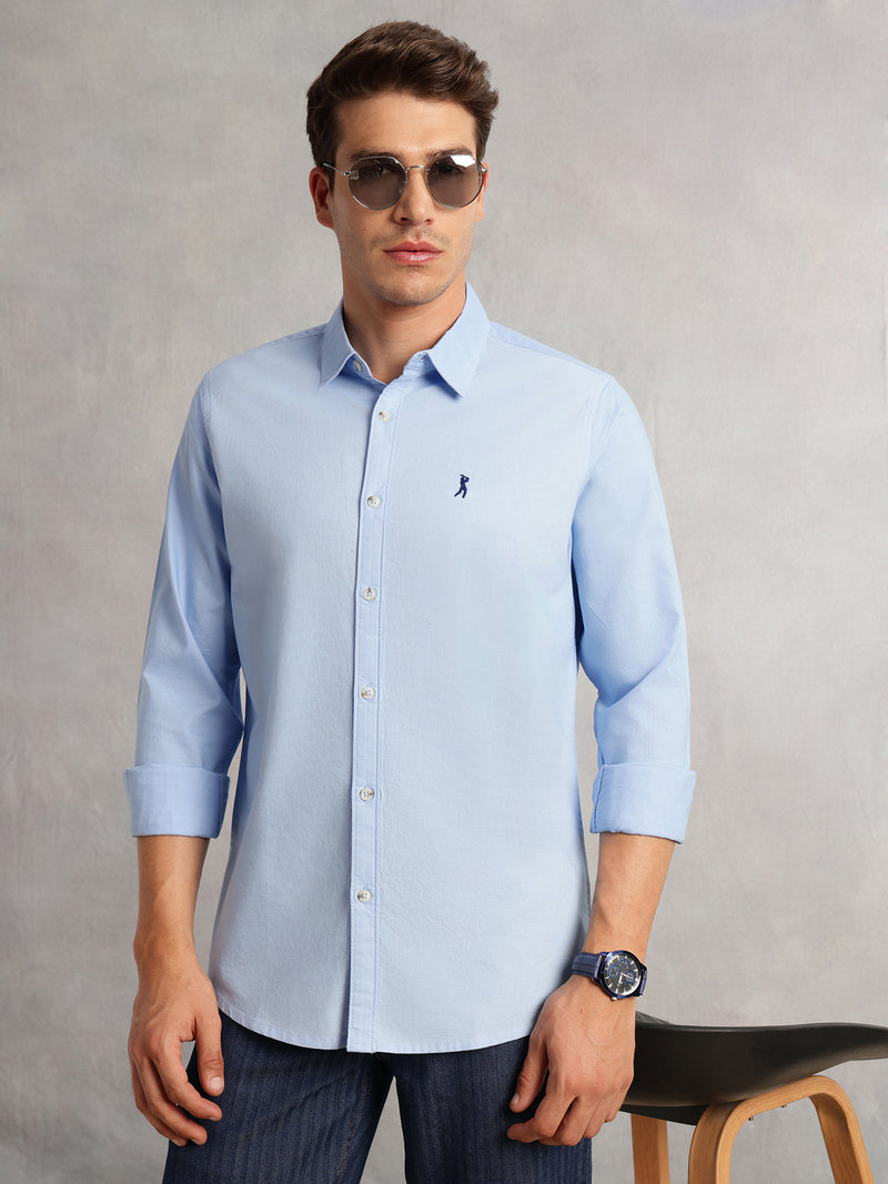 Thomas Scott Men Sky Blue Cricket Club Collection Slim Fit Oxford Cotton Casual Shirt with Spread Collar & Long Sleeves