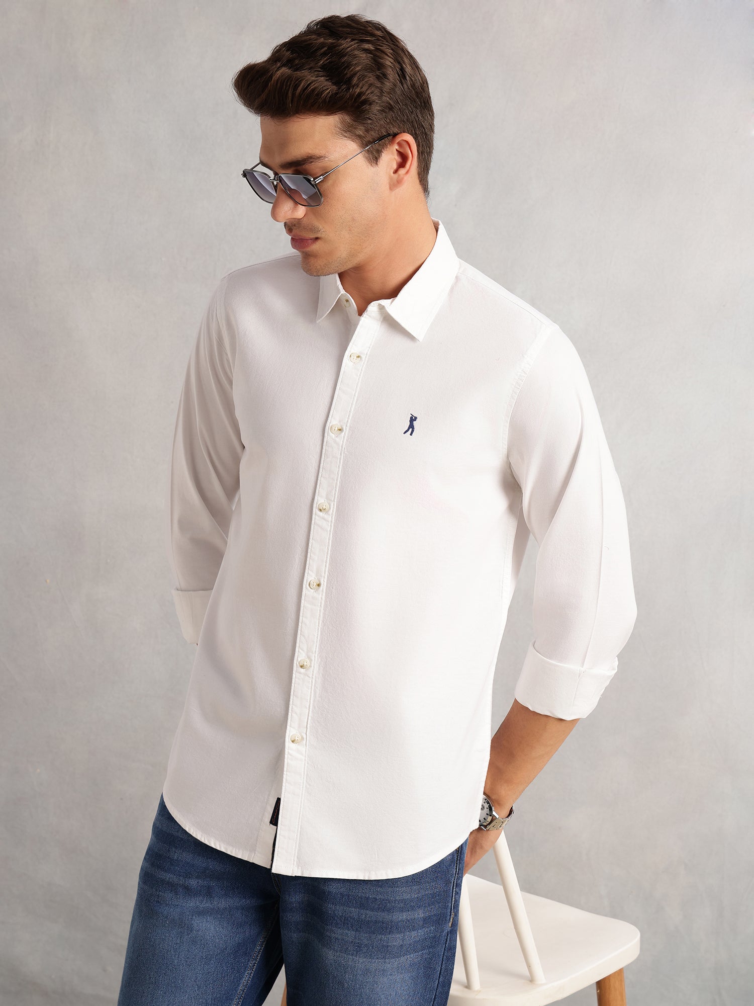 Thomas Scott Men White Cricket Club Collection Slim Fit Oxford Cotton Casual Shirt with Spread Collar & Long Sleeves