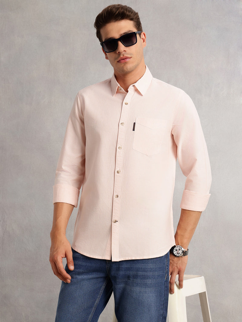 Thomas Scott Men Orange Cricket Club Collection Regular Fit Pinstripes Long Sleeves Spread Collar 100% Cotton Oxford Casual Shirt