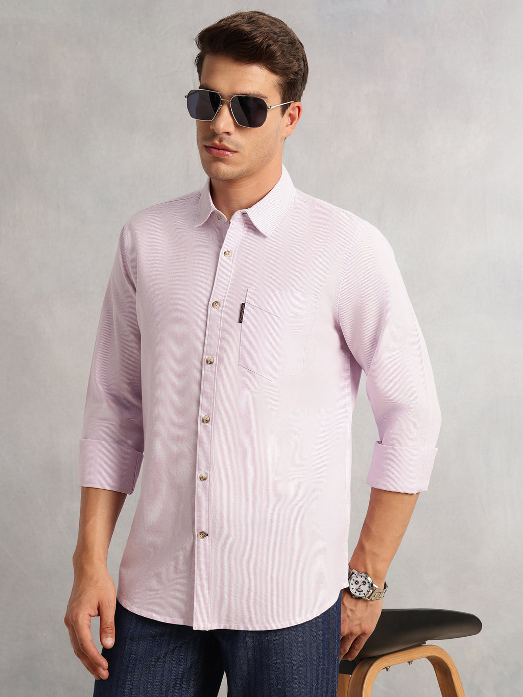 Thomas Scott Men Purple Cricket Club Collection Regular Fit Pinstripes Long Sleeves Spread Collar 100% Cotton Oxford Casual Shirt