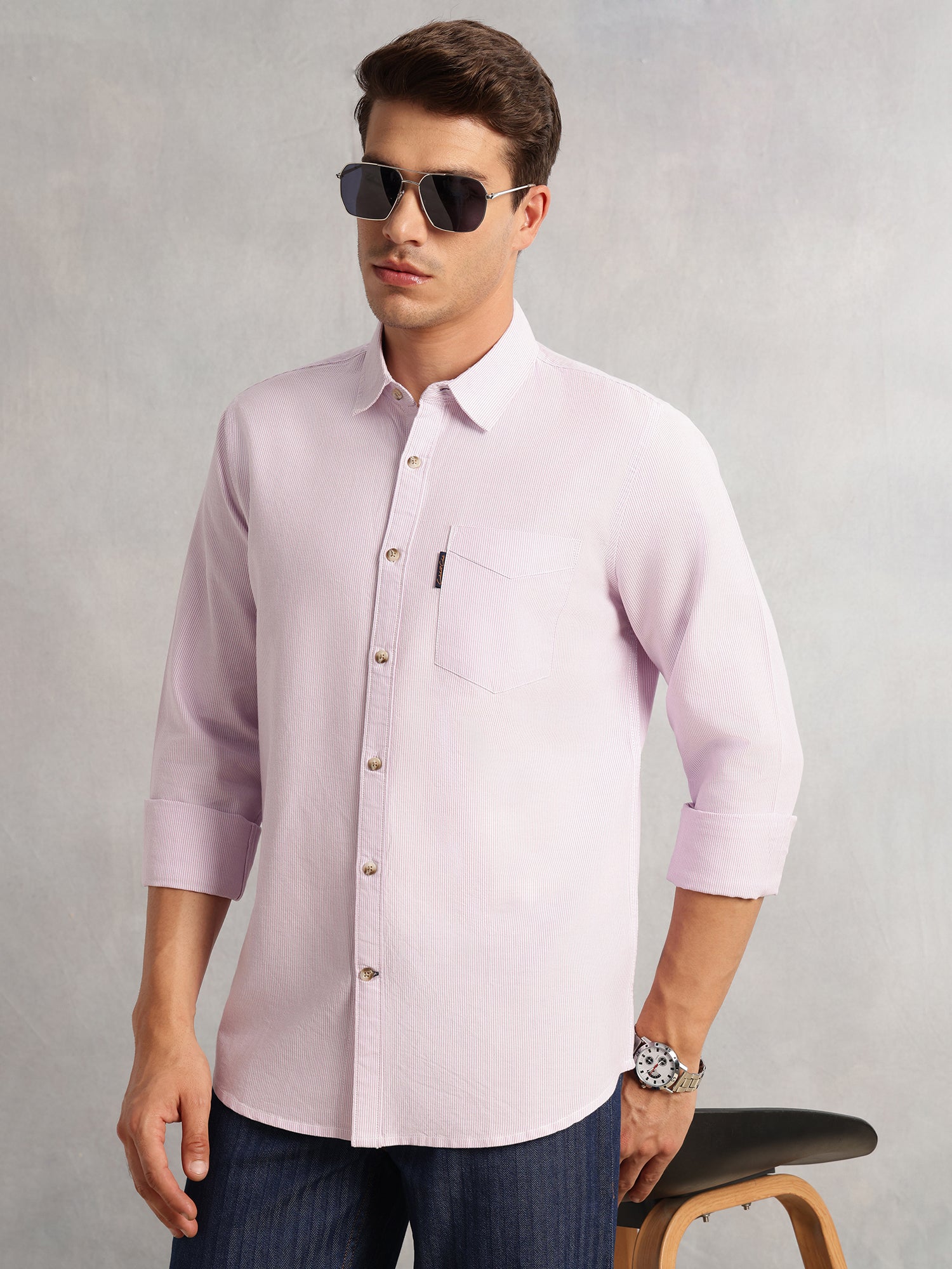 Thomas Scott Men Purple Cricket Club Collection Regular Fit Pinstripes Long Sleeves Spread Collar 100% Cotton Oxford Casual Shirt