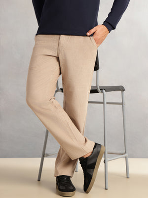 Thomas Scott Men Fawn Regular Fit Mid-Rise Textured 4 Pockets Design Corduroy Trouser