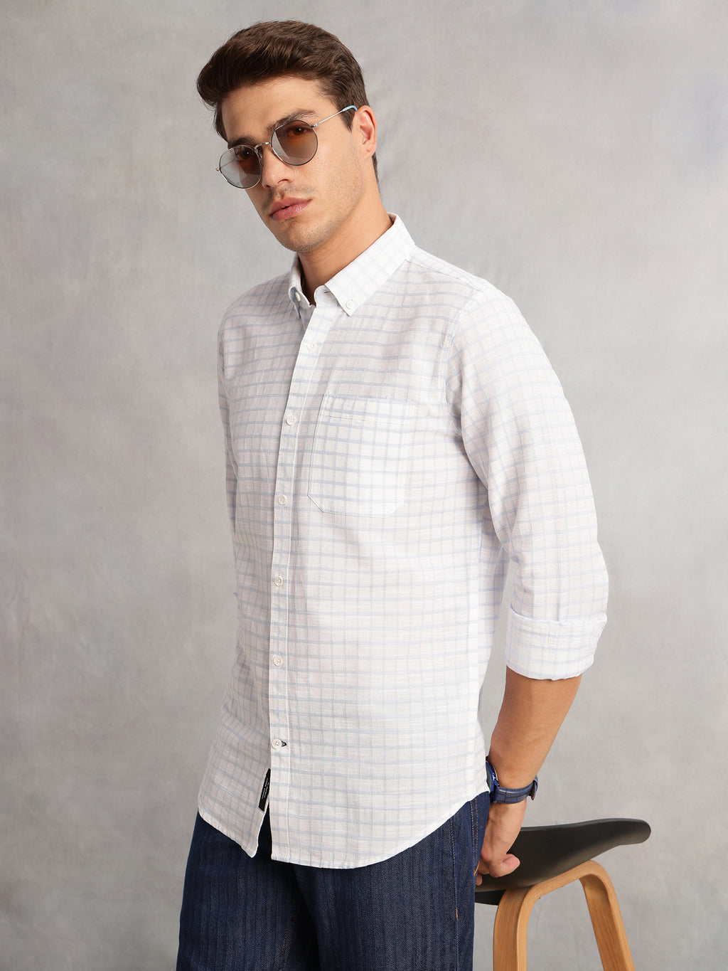 Thomas Scott Men Blue Regular Fit Long Sleeves Button Down Collar Windowpane Check 100% Cotton Casual Shirt
