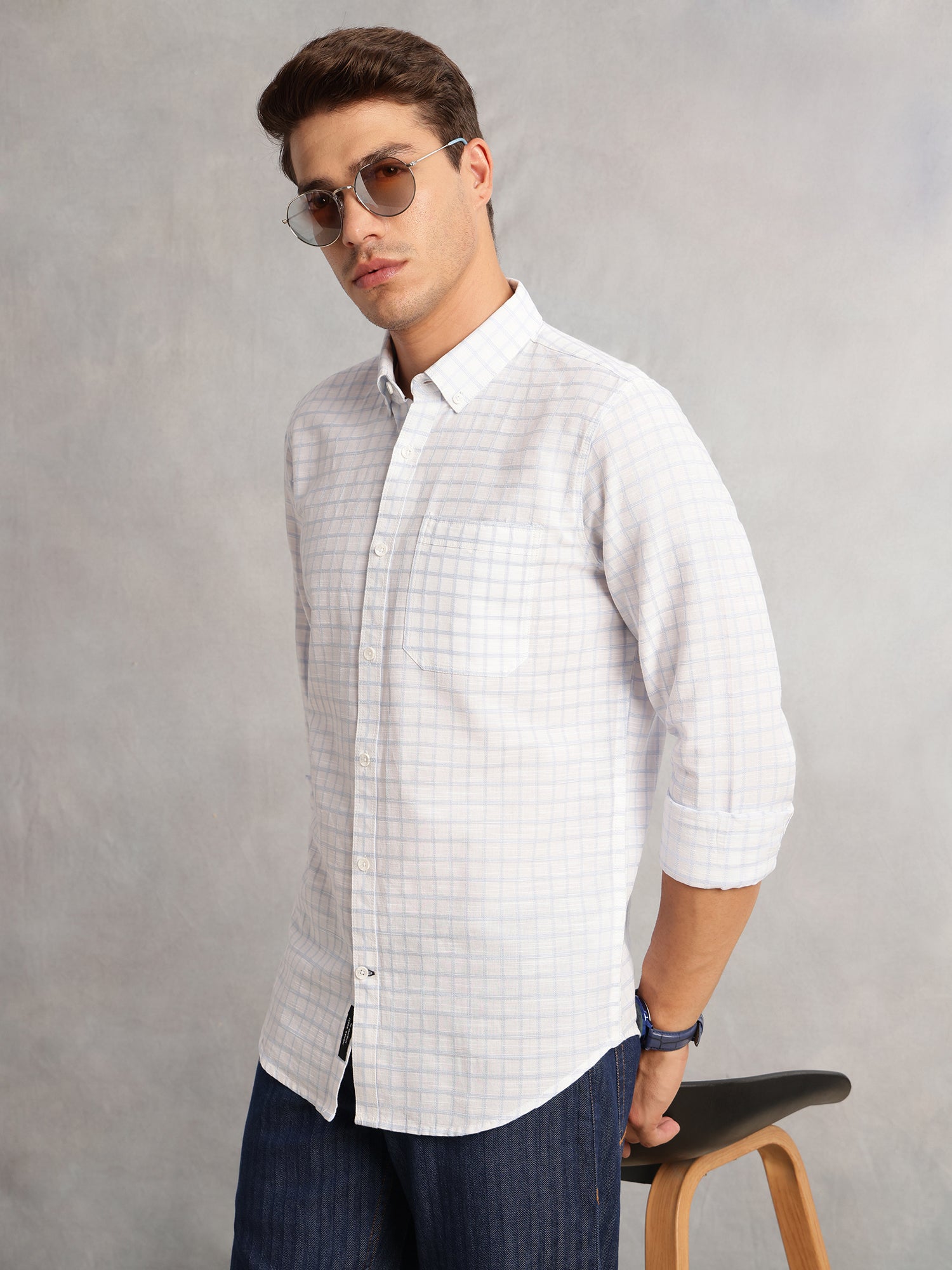 Thomas Scott Men Blue Regular Fit Long Sleeves Button Down Collar Windowpane Check 100% Cotton Casual Shirt