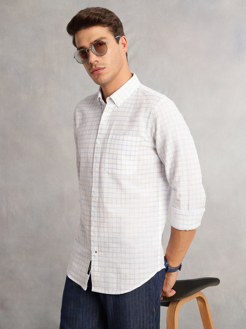 Thomas Scott Men Blue Regular Fit Long Sleeves Button Down Collar Windowpane Check 100% Cotton Casual Shirt
