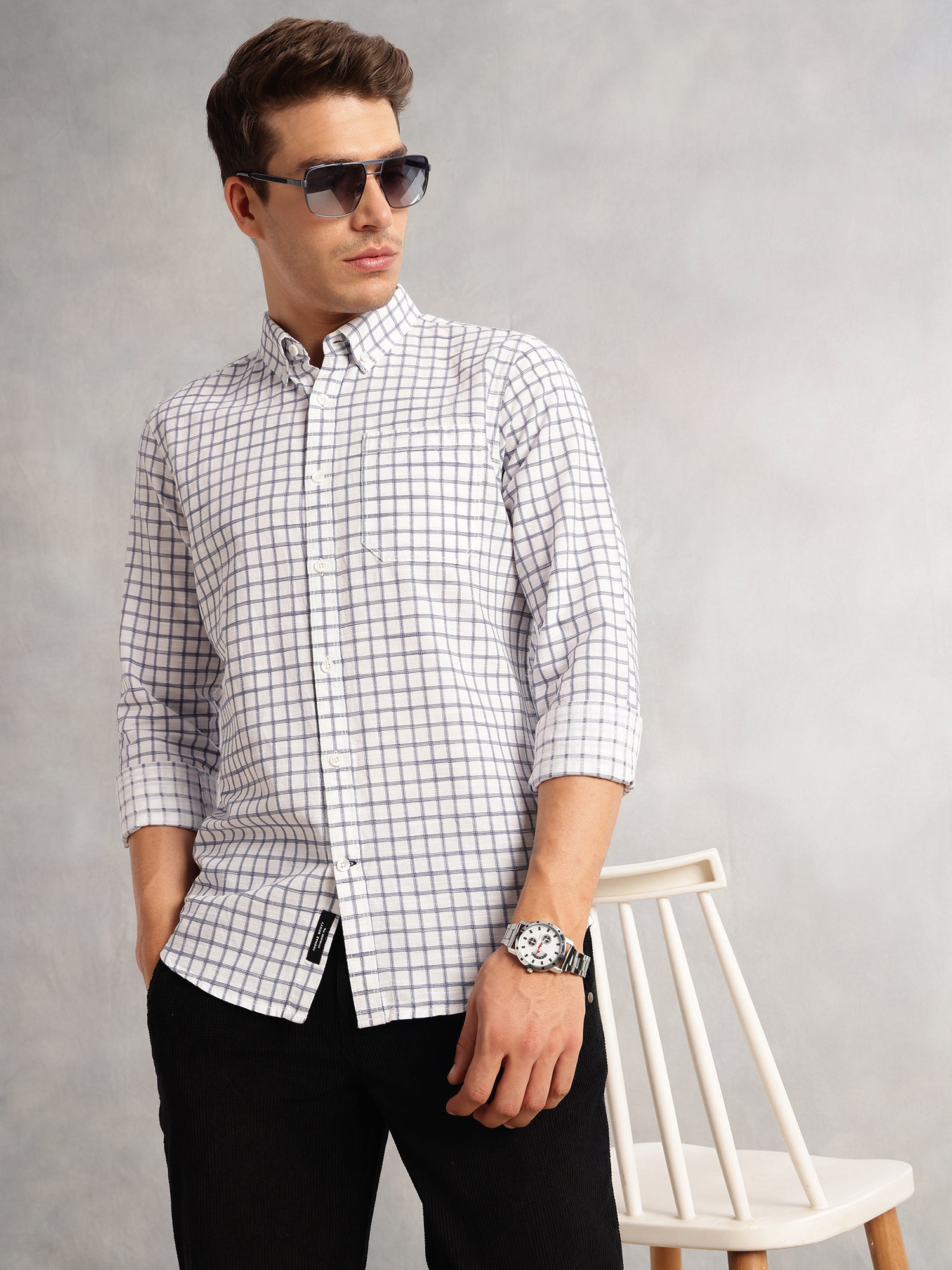 Thomas Scott Men Navy Regular Fit Long Sleeves Button Down Collar Windowpane Check 100% Cotton Casual Shirt