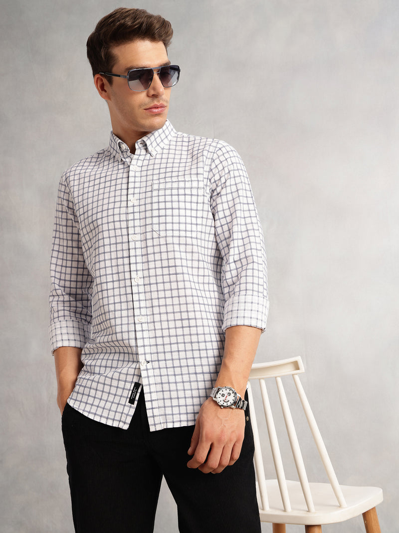 Thomas Scott Men Navy Regular Fit Long Sleeves Button Down Collar Windowpane Check 100% Cotton Casual Shirt