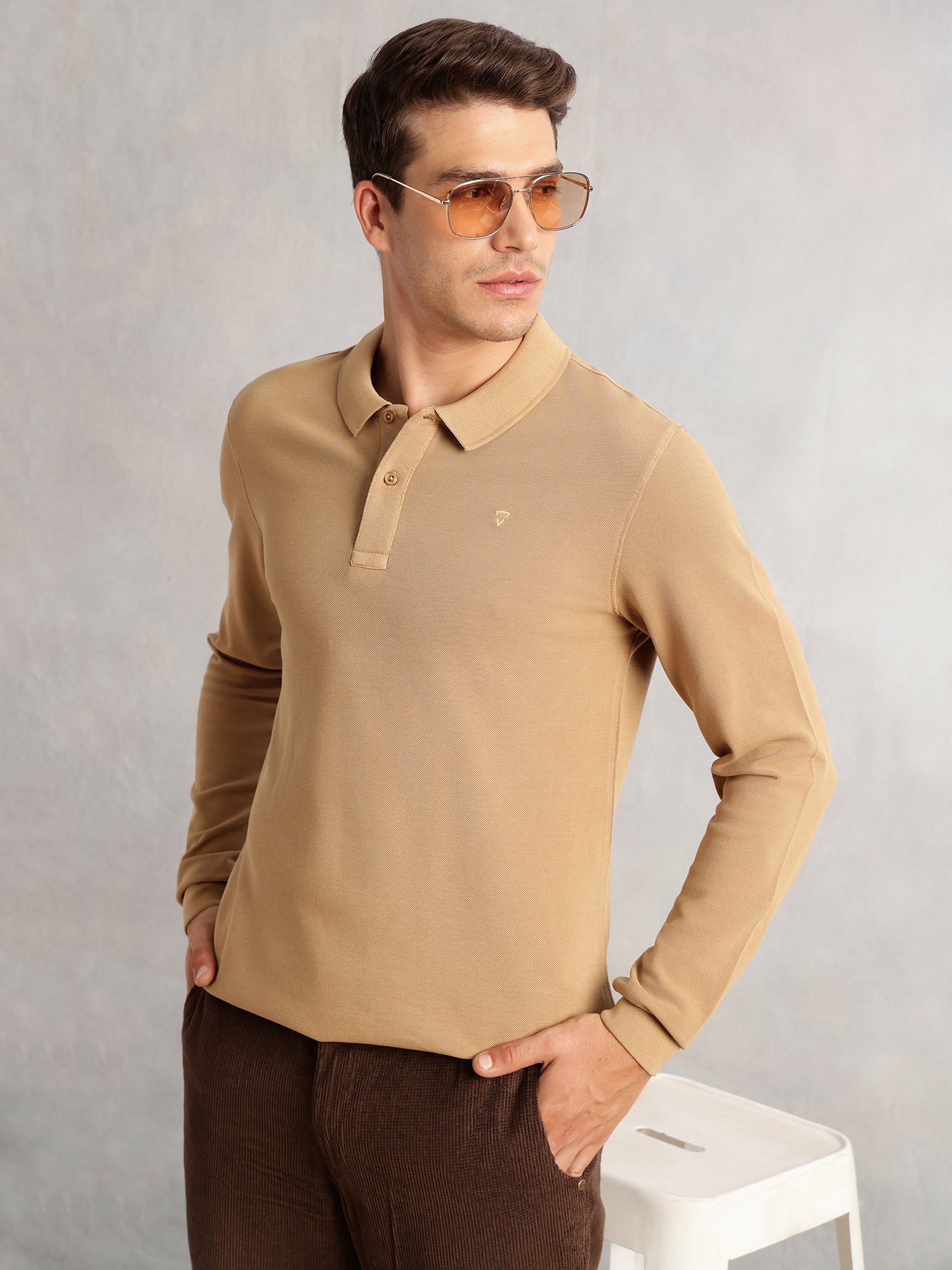 Thomas Scott Men Beige Regular Fit Solid Polo Collar Long Sleeve Pure Cotton Knitted T-shirt