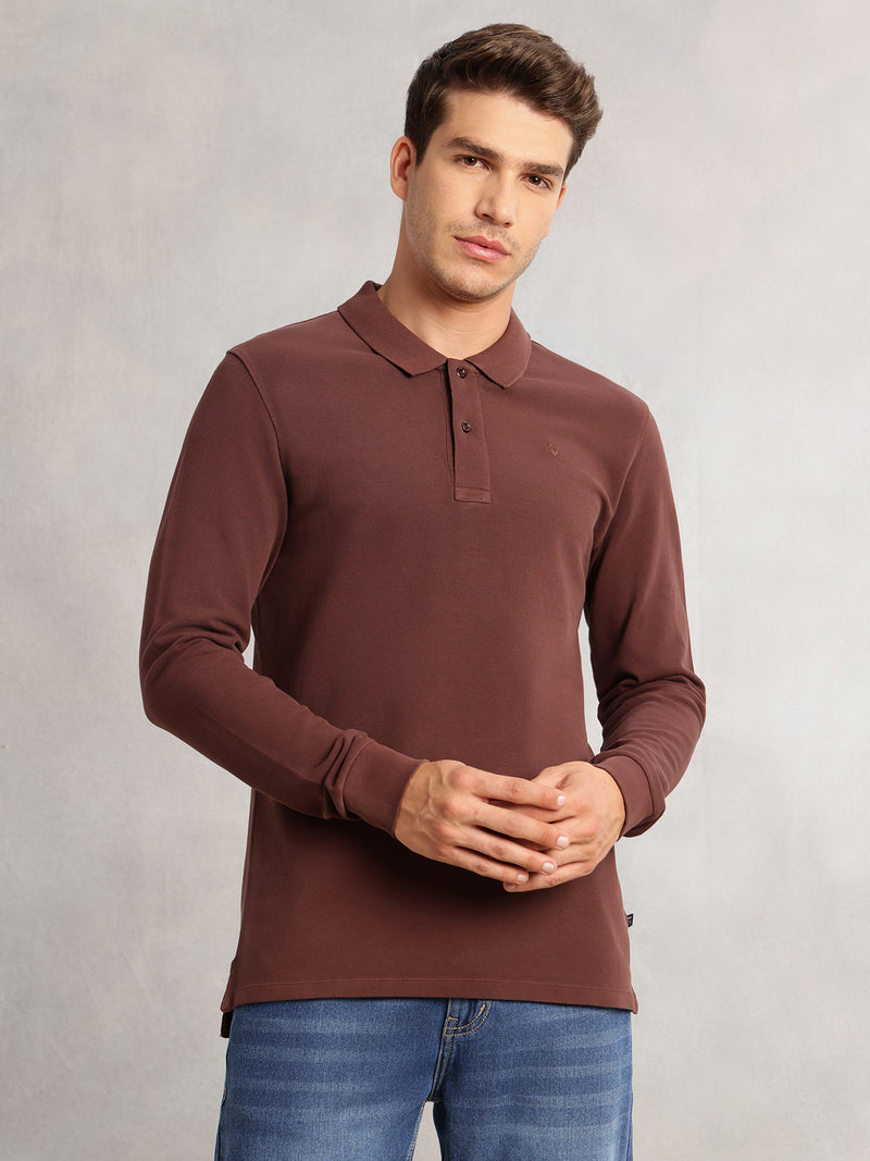 Thomas Scott Men Brown Regular Fit Solid Polo Collar Long Sleeve Pure Cotton Knitted T-shirt