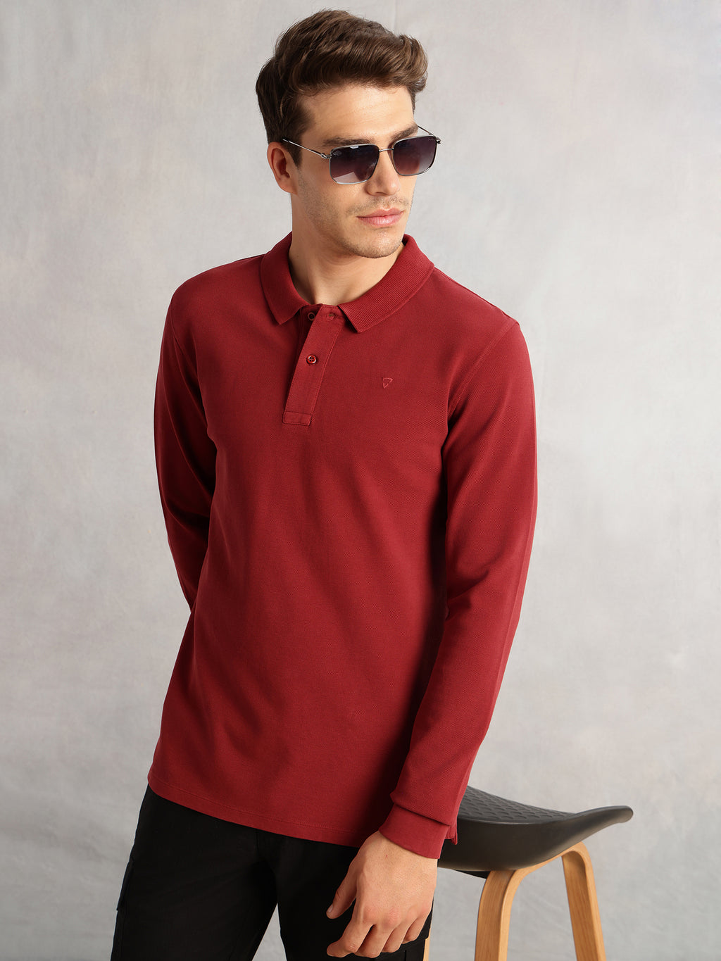 Thomas Scott Men Red Regular Fit Solid Polo Collar Long Sleeve Pure Cotton Knitted T-shirt
