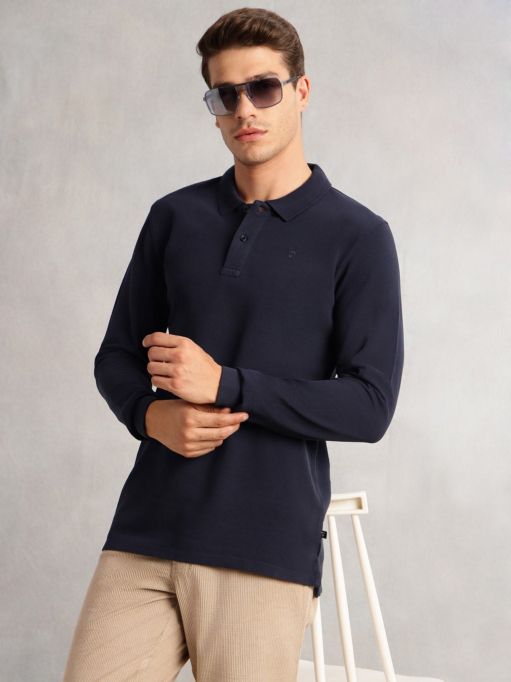 Thomas Scott Men Navy Regular Fit Solid Polo Collar Long Sleeve Pure Cotton Knitted T-shirt