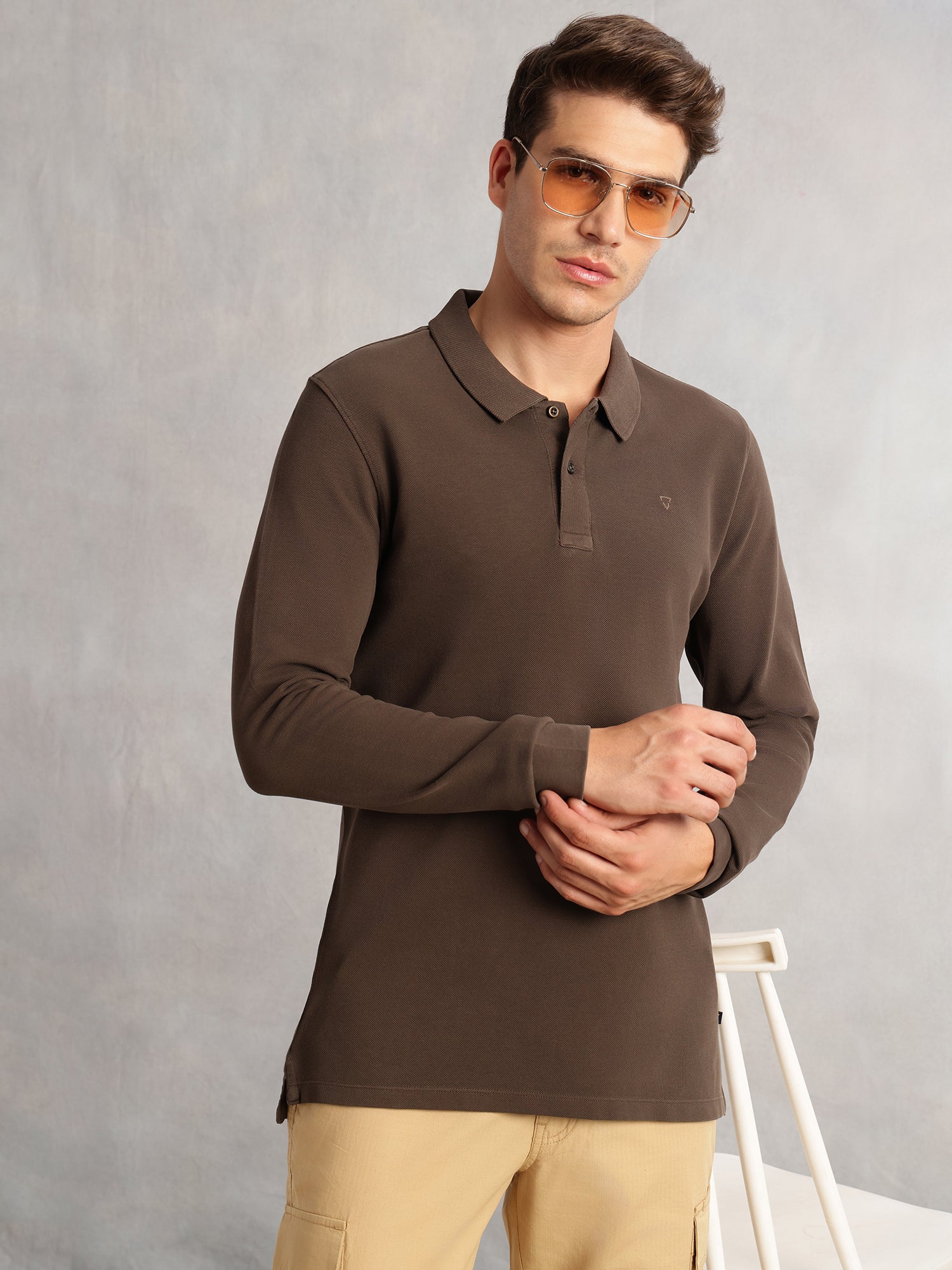 Thomas Scott Men Olive Regular Fit Solid Polo Collar Long Sleeve Pure Cotton Knitted T-shirt
