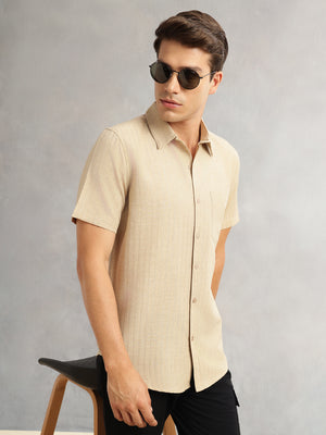 Thomas Scott Men Beige Premium Regular Fit Short Sleeves Spread Collar Polyester Casual Shirt