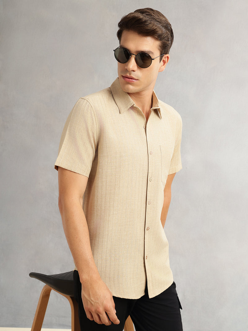 Thomas Scott Men Beige Premium Regular Fit Short Sleeves Spread Collar Polyester Casual Shirt
