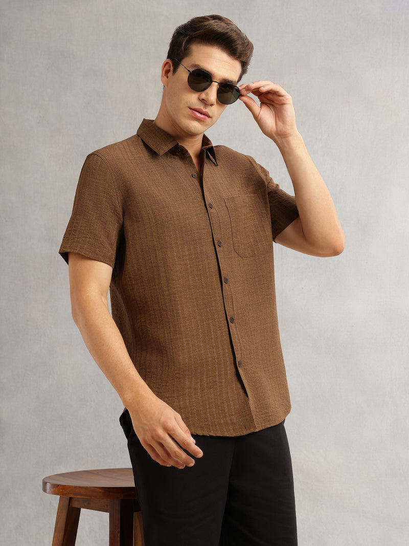 Thomas Scott Men Brown Premium Regular Fit Short Sleeves Spread Collar Polyester Casual Shirt