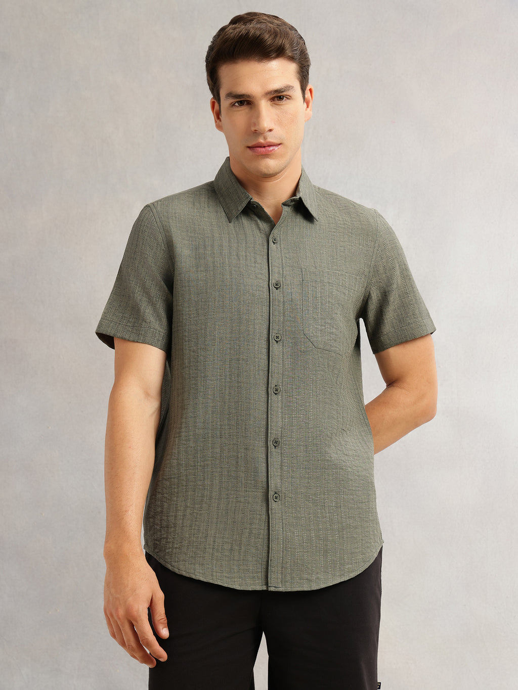 Thomas Scott Men Olive Premium Regular Fit Short Sleeves Spread Collar Polyester Casual Shirt