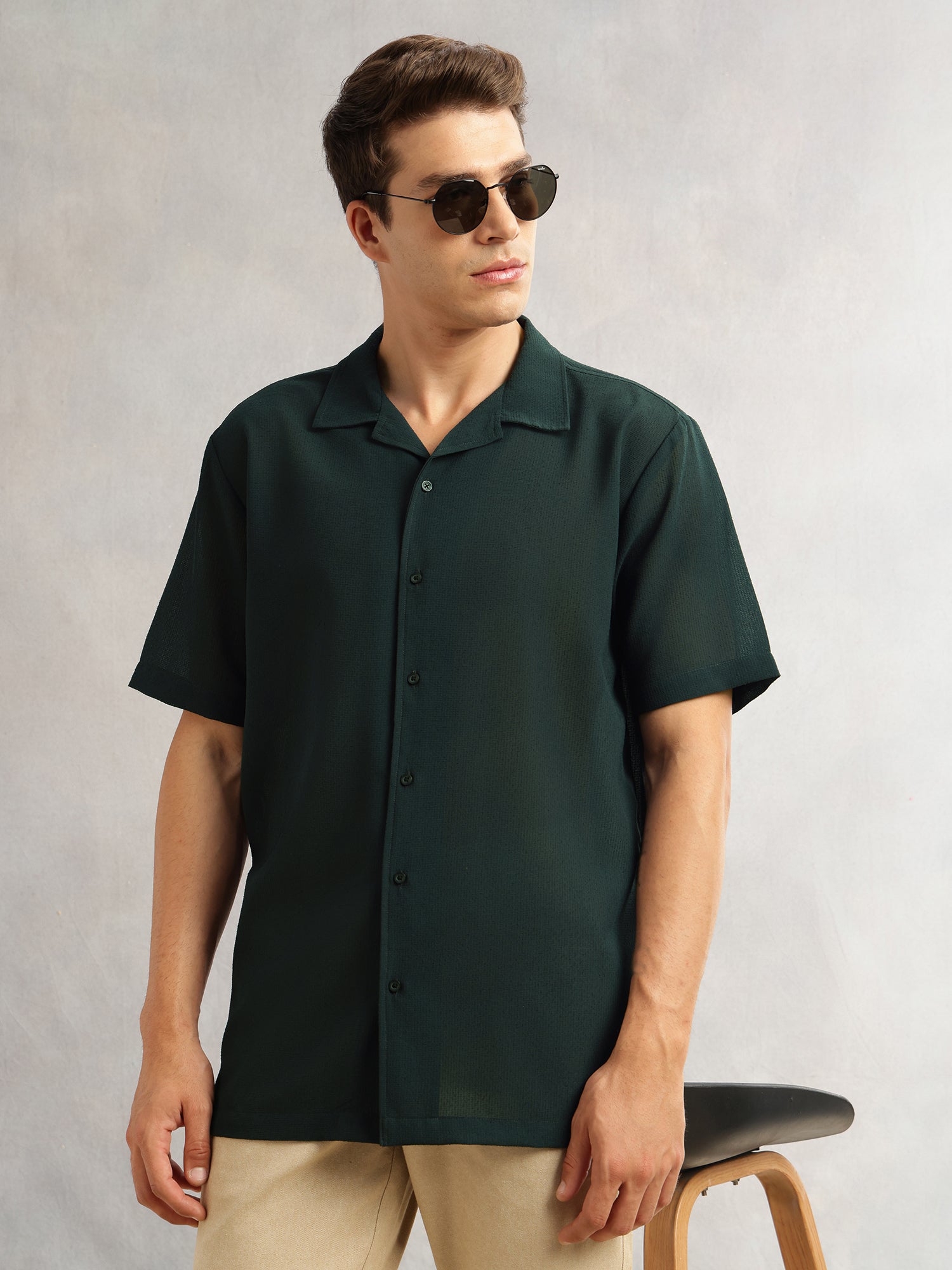 Thomas Scott Men Green Premium Oversize Fit Short Sleeves Camp Collar Textured Polyester Casual Shirt