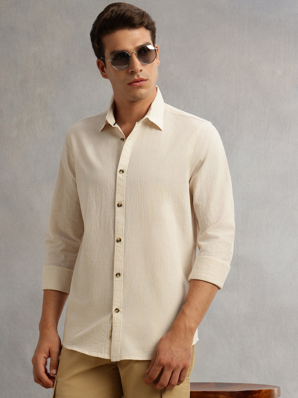 Thomas Scott Men Beige Cricket Club Collection Premium Slim Fit Long Sleeves Spread Collar Textured Cotton Linen Shirt