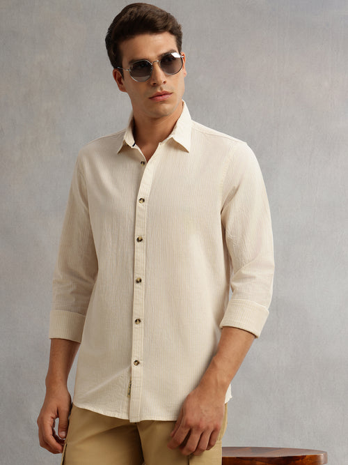 Thomas Scott Men Beige Cricket Club Collection Premium Slim Fit Long Sleeves Spread Collar Textured Cotton Linen Shirt