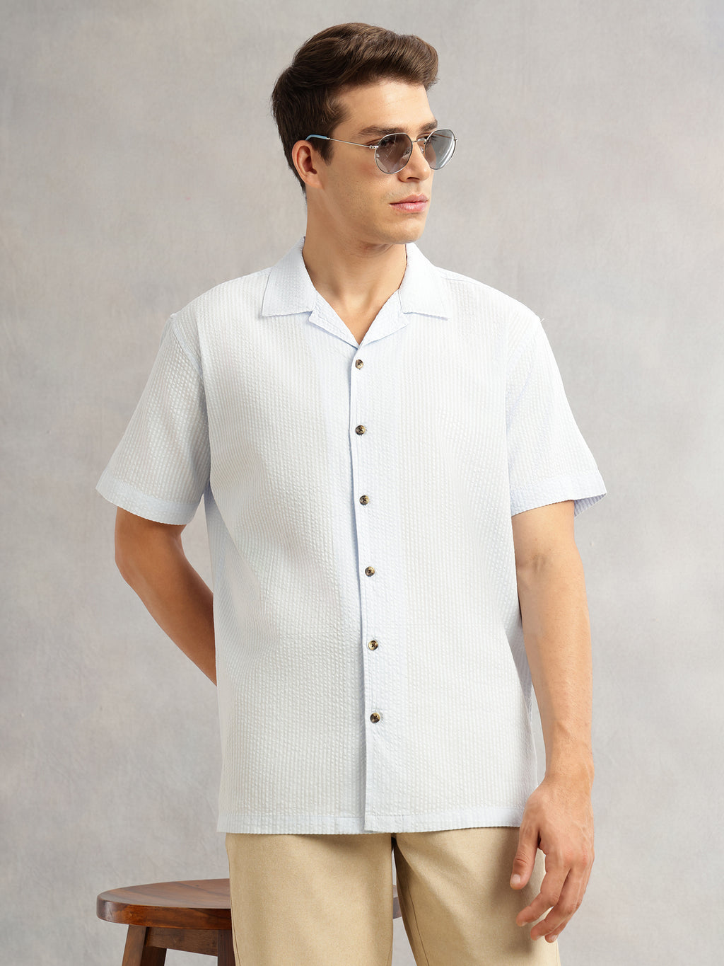 Thomas Scott Men Sky Blue Premium Oversized Fit Short Sleeves Cuban Collar 100% Cotton Seersucker Shirt