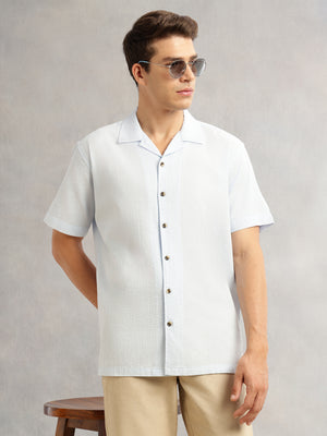 Thomas Scott Men Sky Blue Premium Oversized Fit Short Sleeves Cuban Collar 100% Cotton Seersucker Shirt