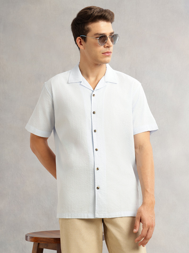 Thomas Scott Men Sky Blue Premium Oversized Fit Short Sleeves Cuban Collar 100% Cotton Seersucker Shirt