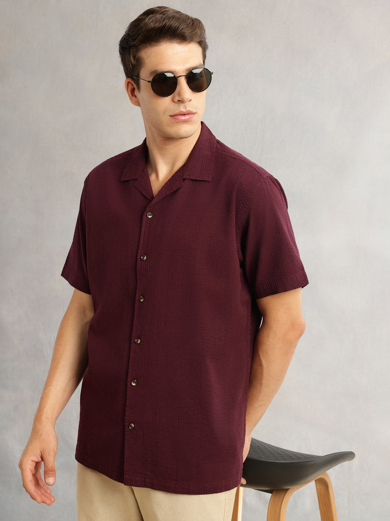 Thomas Scott Men Wine Premium Oversized Fit Short Sleeves Cuban Collar 100% Cotton Seersucker Shirt