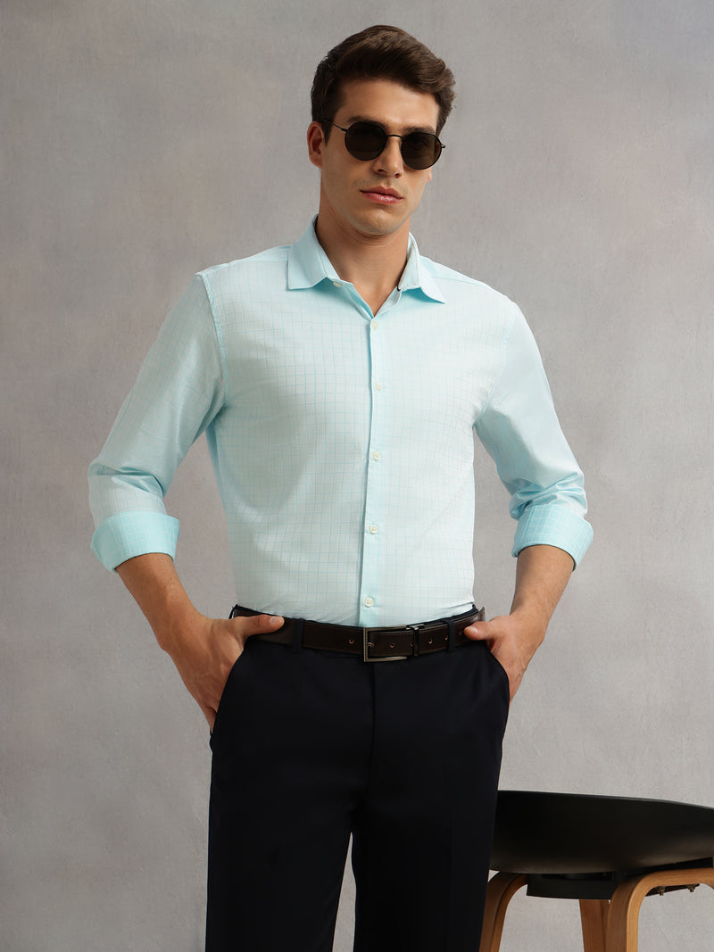 Thomas Scott Men Aqua Premium Long Sleeves Spread Collar Regular Fit Windowpane Checks 100% Cotton Formal Shirt
