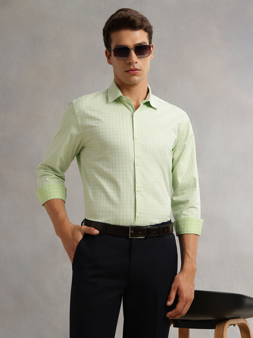 Thomas Scott Men Green Premium Long Sleeves Spread Collar Regular Fit Windowpane Checks 100% Cotton Formal Shirt