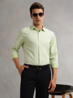 Thomas Scott Men Green Premium Long Sleeves Spread Collar Regular Fit Windowpane Checks 100% Cotton Formal Shirt