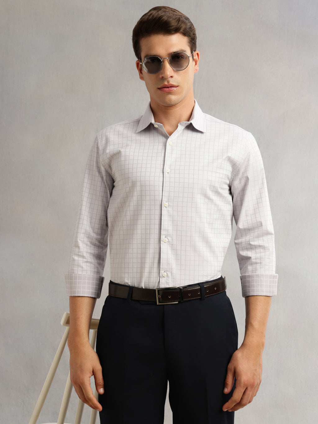 Thomas Scott Men Grey Premium Long Sleeves Spread Collar Regular Fit Windowpane Checks 100% Cotton Formal Shirt