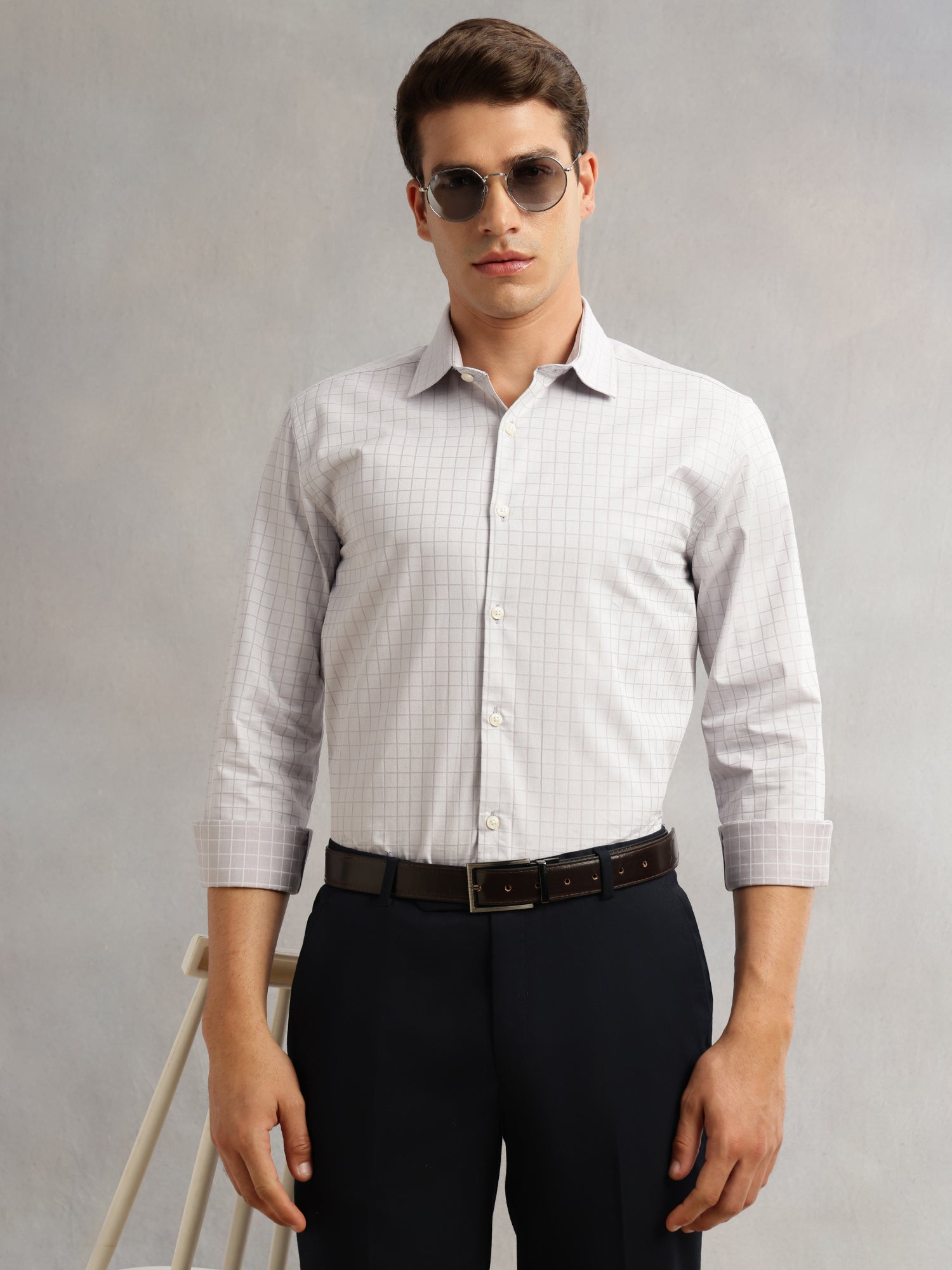 Thomas Scott Men Grey Premium Long Sleeves Spread Collar Regular Fit Windowpane Checks 100% Cotton Formal Shirt
